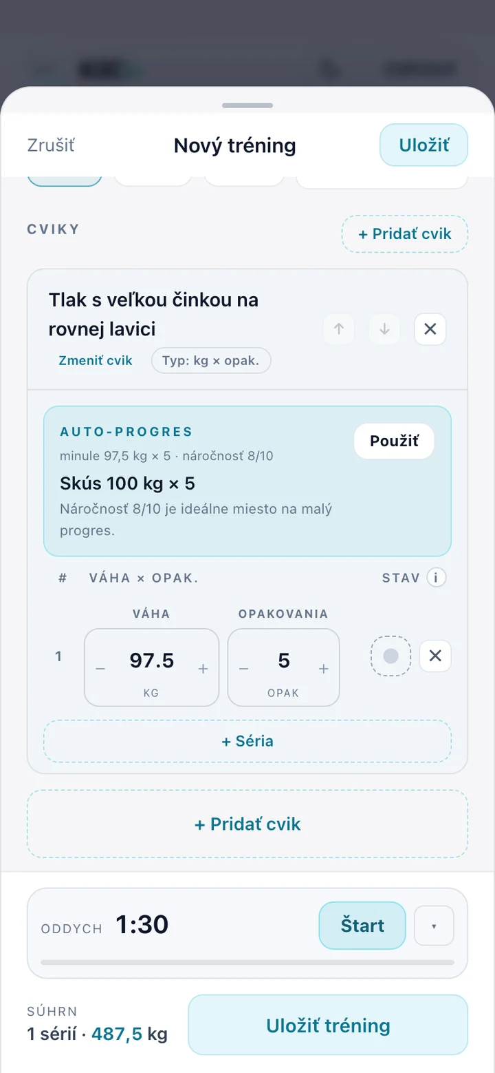 Zápis tréningu v KilCo — cvik bench press s návrhom váhy na dnešnú sériu
